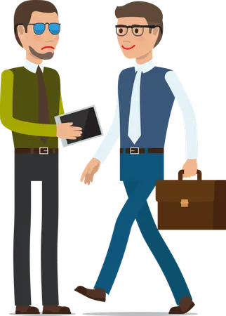 Two Men Make A Transaction On White Background Man In Sunglasses With Beard Conveys Tablet To Man With Brown Suitcase In Glasses Vector Illustration Businessman Career People Card Design Illustration