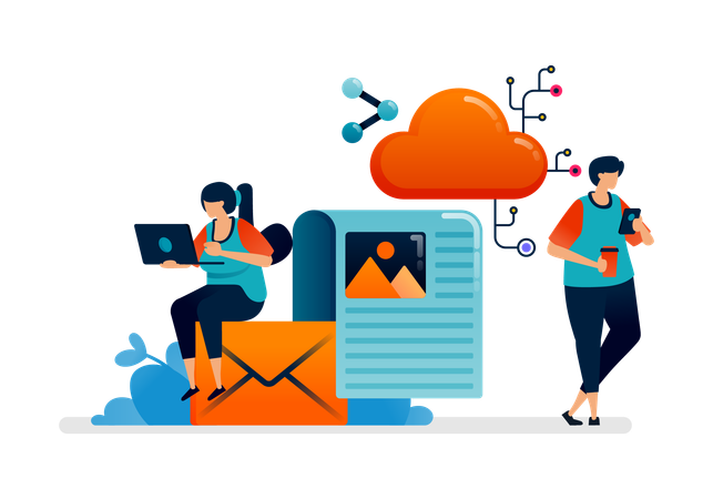 Business people accessing cloud network for data sharing and email communication  Illustration