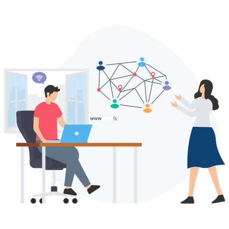 Business people analysing social network using laptop in office  Illustration