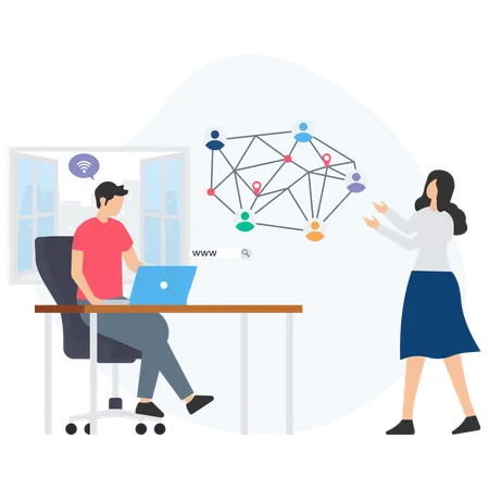 Business people analysing social network using laptop in office  Illustration