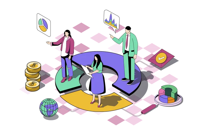 Focus Group Web Concept In 3 D Isometric Design Man And Woman Make Opinions Of Audience Analyzing Data In Diagrams And Optimize Business Process Vector Web Illustration With People Isometry Scene Illustration