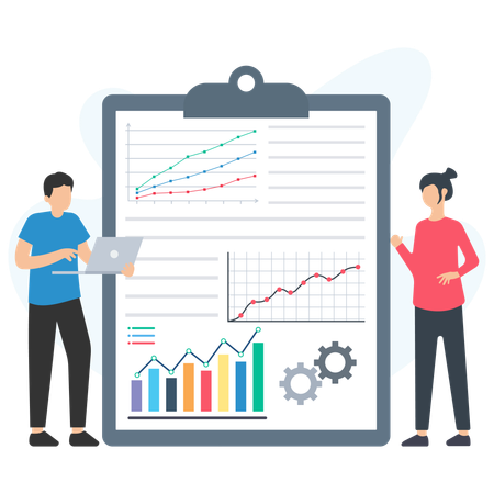 Business people analyzing financial charts and data on clipboard  Illustration