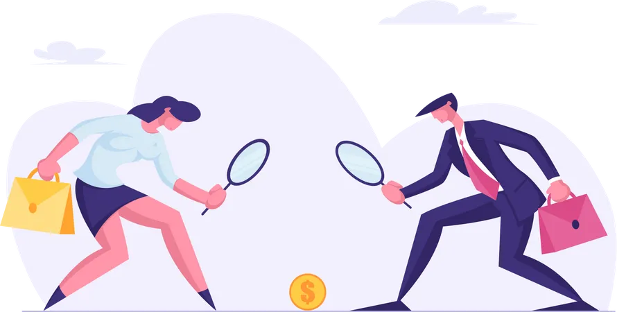 Business People Characters Man And Woman Looking On Golden Dollar Coin Lying On Ground Through Magnifier Glass Financial Success Research And Opportunity Banking Cartoon Flat Vector Illustration Illustration