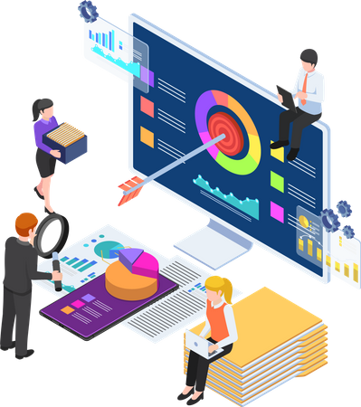 Business people analyzing business statistics on computer  Illustration