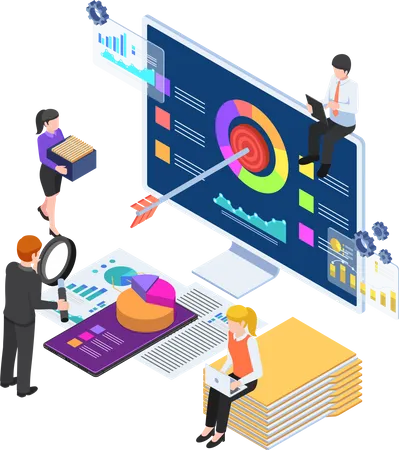 Business people analyzing business statistics on computer  Illustration