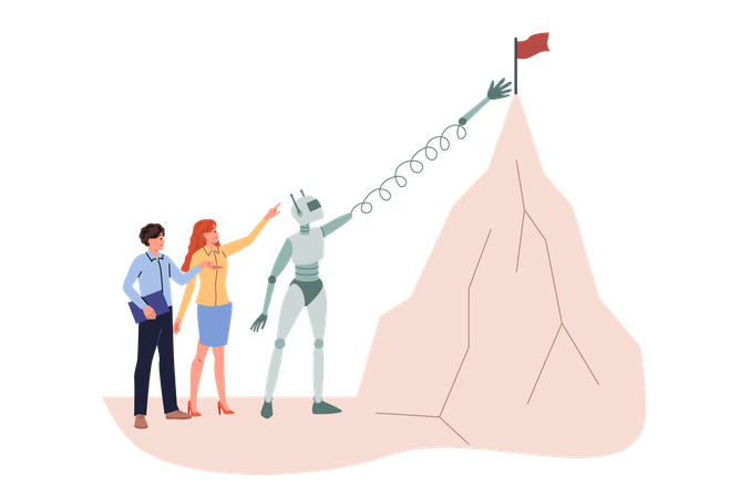 Business people and robot achieve goal  Illustration