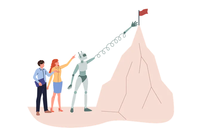 Business people and robot achieve goal  Illustration