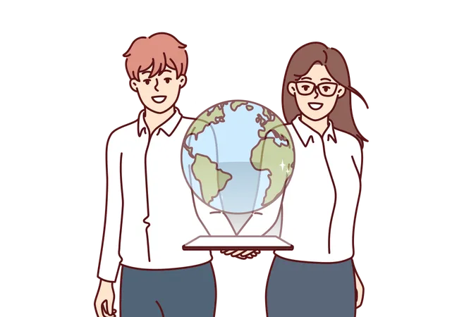 Business Man And Woman With Virtual Globe Over Tablet Symbolizing International It Business And Work With Different Countries Businesspeople Who Launched International Technology Startup Illustration