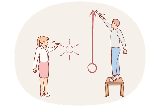 Business people argue about importance concentration and unfocusing drawing diagrams on wall  Illustration