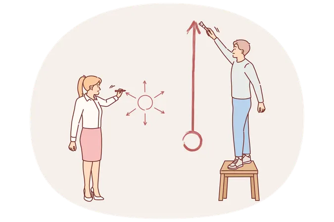 Business people argue about importance concentration and unfocusing drawing diagrams on wall  Illustration