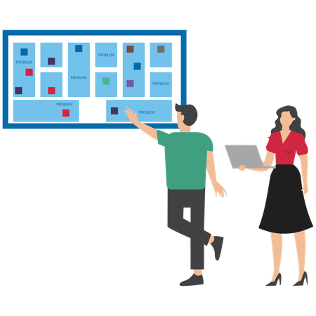 Business people ask question and give answer symbolizing teamwork and problem solving through FAQ discussion  Illustration
