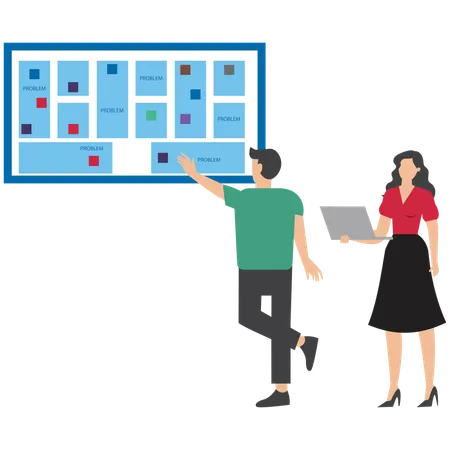Business people ask question and give answer symbolizing teamwork and problem solving through FAQ discussion  Illustration