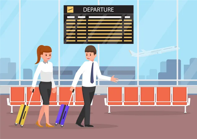Businessman And Businesswoman With Luggage At The Airport Terminal Transportation And Business Travel Concept Illustration
