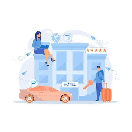 Business people at hotel use all included services  Illustration