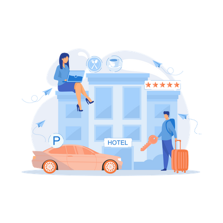 Business people at hotel use all included services  Illustration