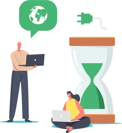 Business People at Huge Hourglass with Green Sand and Earth Globe  Illustration