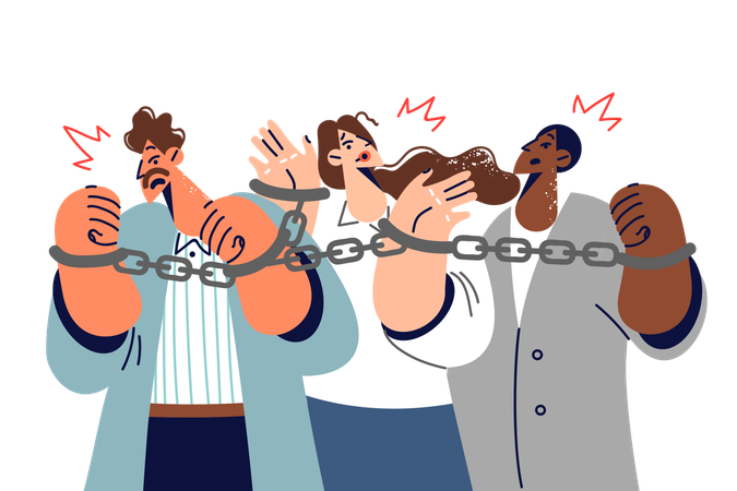 Business people bound by slave contracts experience discomfort due to handcuffs on hands  Illustration