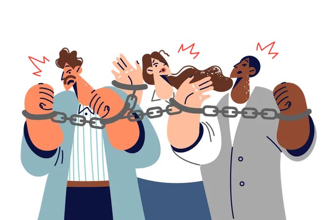 Business people bound by slave contracts experience discomfort due to handcuffs on hands  Illustration