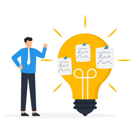 Business people brainstorming with sticky notes combined to bright lightbulb idea  Illustration