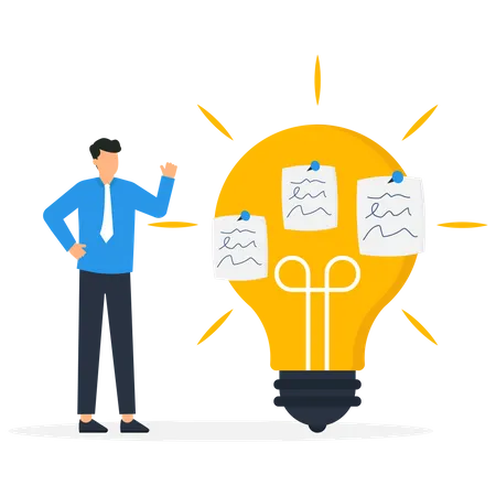 Business people brainstorming with sticky notes combined to bright lightbulb idea  イラスト