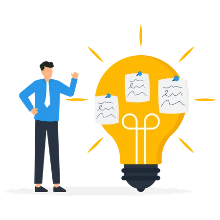 Business people brainstorming with sticky notes combined to bright lightbulb idea  Illustration