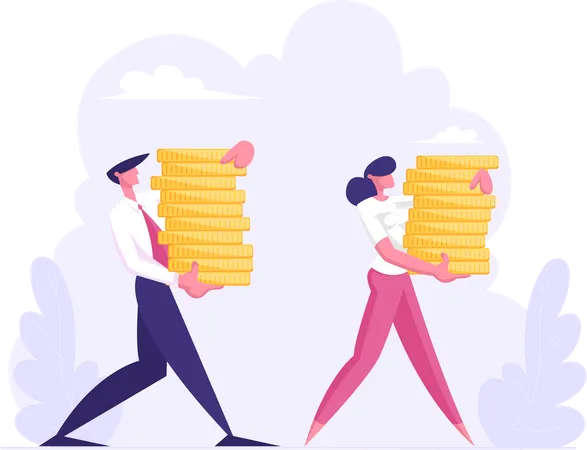 Business People Carry Stack of Golden Coins Illustration