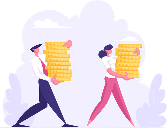 Business People Carry Stack of Golden Coins  Illustration