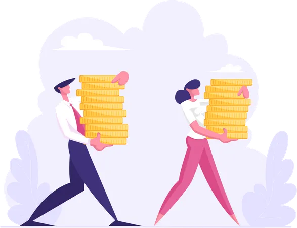 Business People Carry Stack of Golden Coins  Illustration