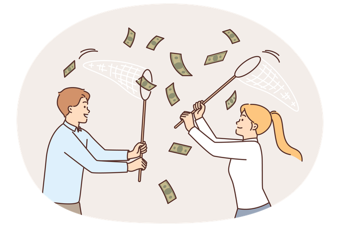 Business people catching money falling from sky using net for easy earning or casual income concept  Illustration