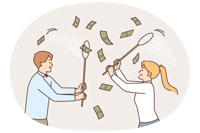 Business people catching money falling from sky using net for easy earning or casual income concept  Illustration
