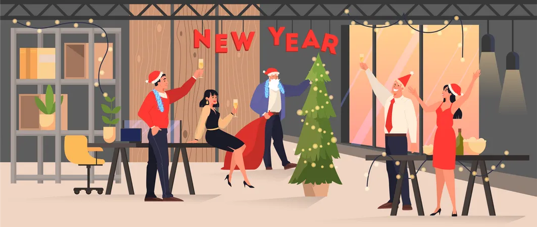 People Celebrate New Year And Chritmas In The Office Business Party Character In Santa Claus Hat Vector Illustration In Cartoon Style Illustration