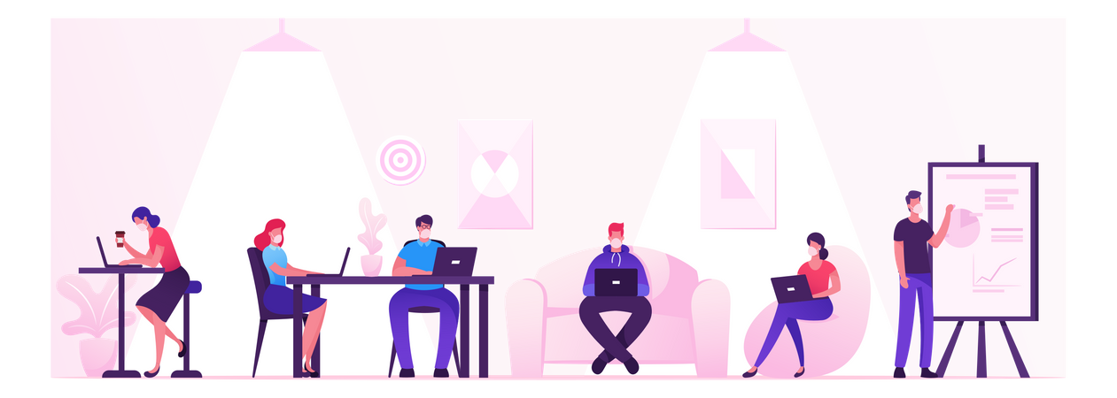 Business People Characters Working And Relaxing In Coworking Area Illustration