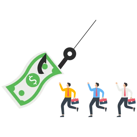 Business people chasing money on a fish hook  イラスト