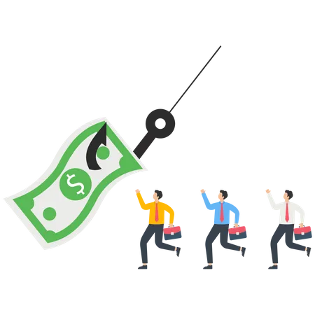 Business people chasing money on a fish hook  Illustration