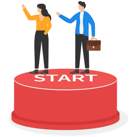 Business people climb up the ladder up the on start button  Illustration
