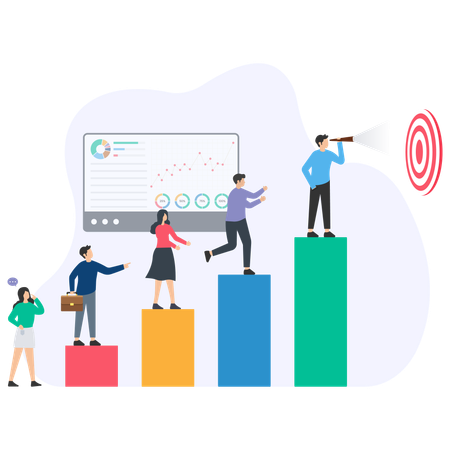 Business people climbing bar graph and reaching target objective  Illustration