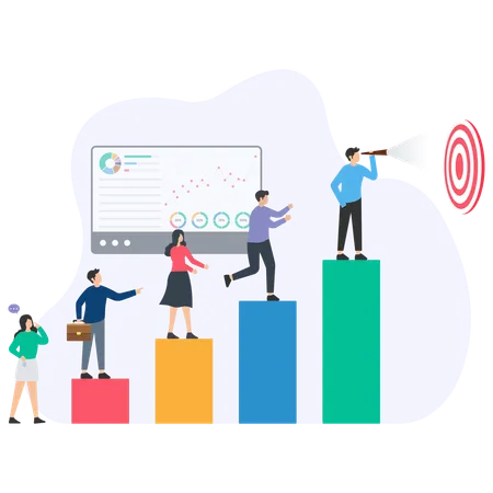 Business people climbing bar graph and reaching target objective  Illustration