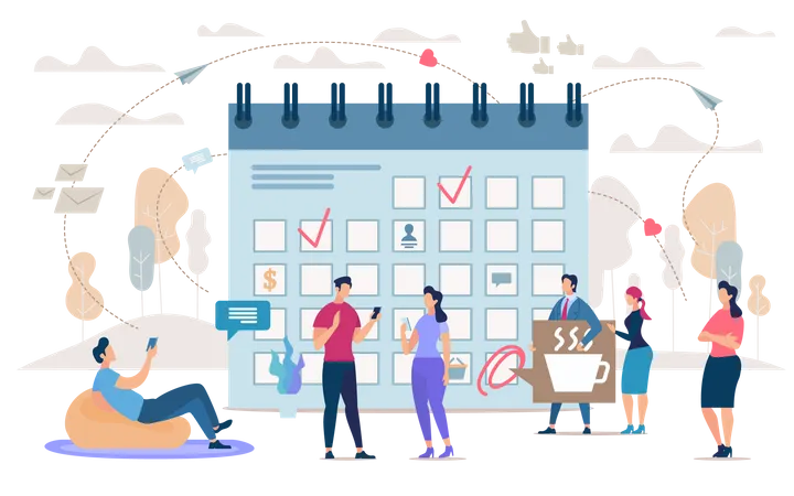 Business people, Company Employees Gathering in Office, Planning Strategy, Adding Important Tasks to Schedule, Set Priorities in Work  Illustration