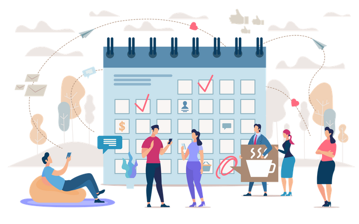 Business people, Company Employees Gathering in Office, Planning Strategy, Adding Important Tasks to Schedule, Set Priorities in Work  Illustration