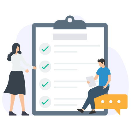 Business people completing checklist on clipboard using tablet and discussing results  Illustration