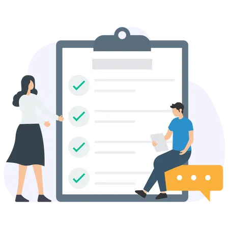 Business people completing checklist on clipboard using tablet and discussing results  Illustration