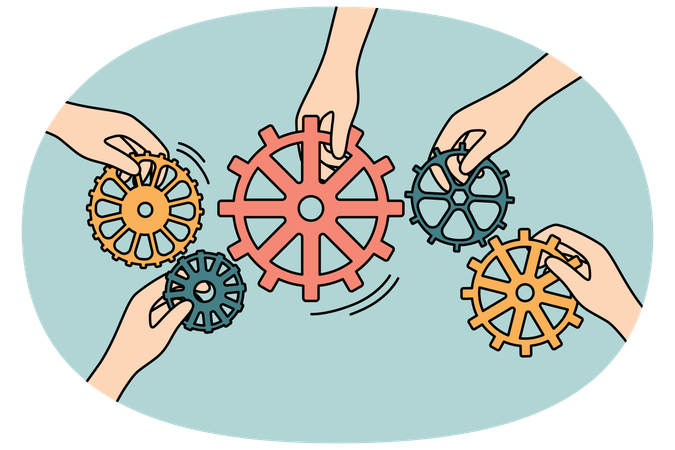 Business people connect gear mechanism engaged in teamwork  Illustration