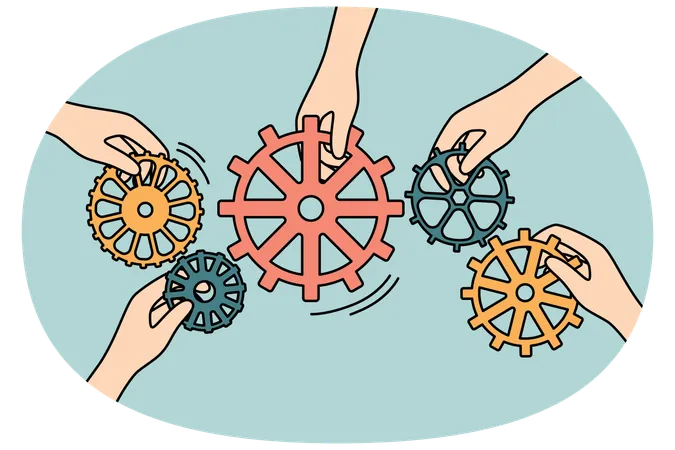 Business people connect gear mechanism engaged in teamwork  Illustration