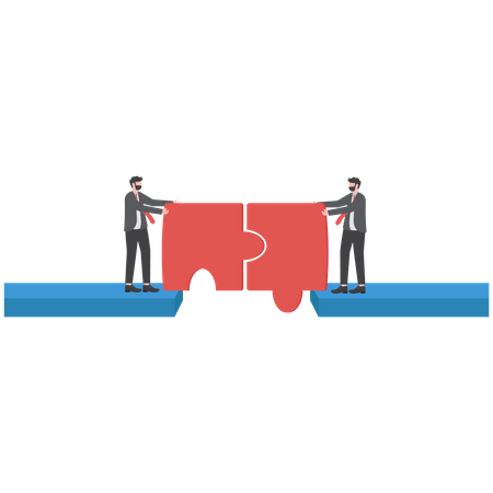 Business people connect jigsaw piece together to build bridge to cross gap  Illustration