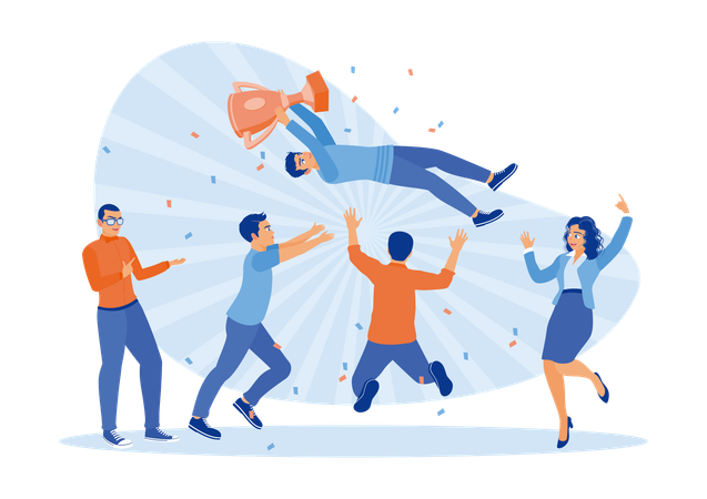 Business people dance and throw people holding trophies in air  Illustration