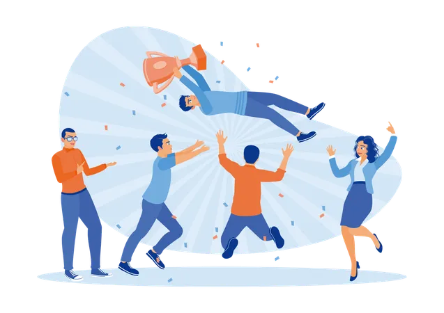 Business people dance and throw people holding trophies in air  Illustration