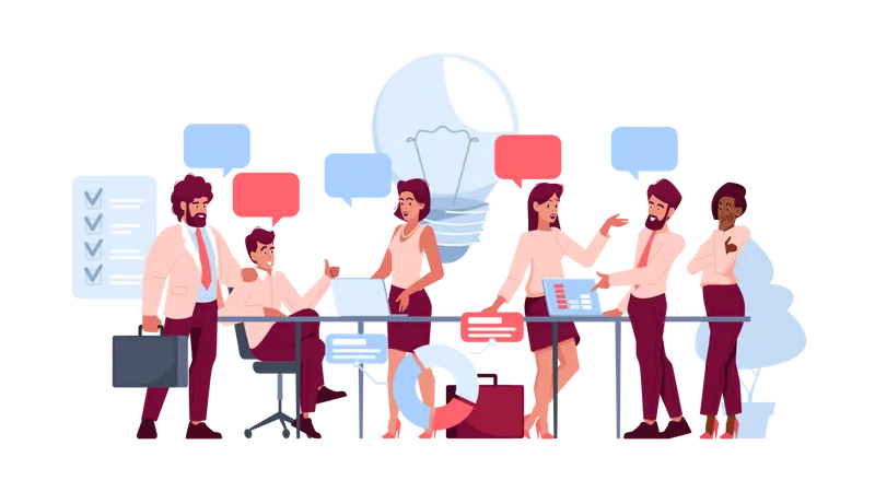 Team Of Employees Characters In Office Discussing Work Issues Brainstorming For Finding New Ideas People Searching Of Solutions For Startup Project Implementation Cartoon Vector Illustration Illustration