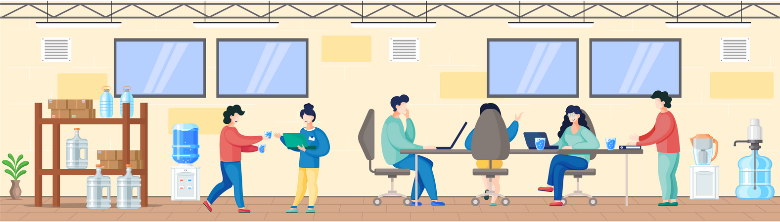 Business people drink filtered water during discussion on meeting Illustration