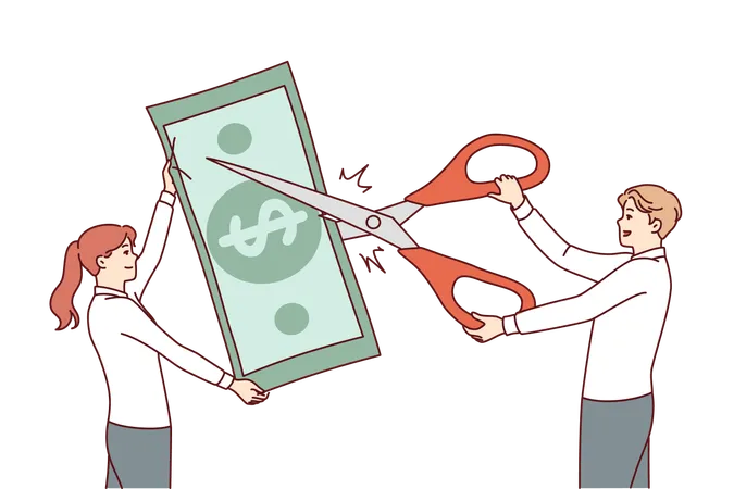 Business people engaged in reducing costs and budget financing by cutting money with scissors  Illustration