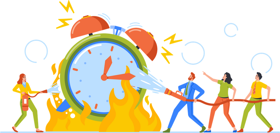 Business People Extinguish Huge Alarm Clock with Fire Fighter Hose Illustration